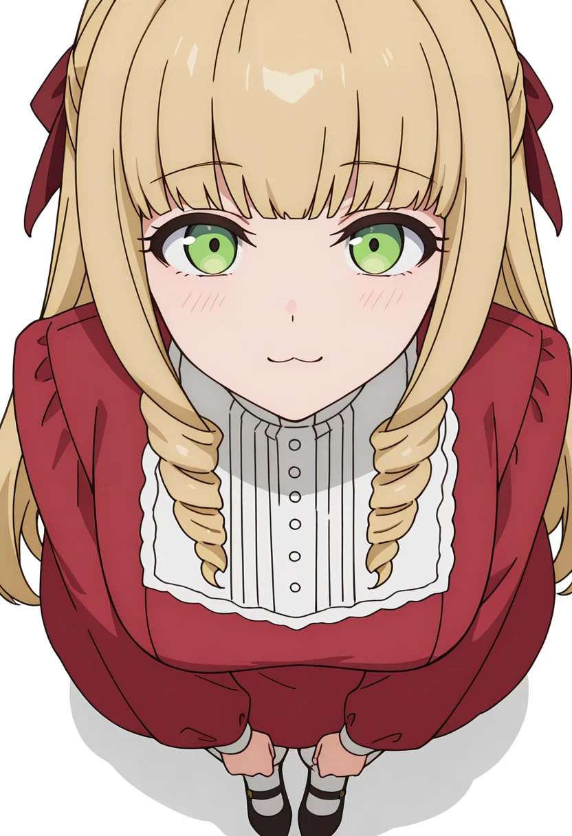 Smooth Quality,masterpiece,very intricate, high quality details, high detailed skin,detailed enviorement,absurdres, 
simple background, white background,front view,
 :3,
 <lora:Fiatoio_Annacnn:0.8>
fannacnn, 1girl, blonde hair, green eyes, long hair, blunt bangs, sidelocks, drill hair, 
white pantyhose, red dress, long sleeves,bow, hair ribbon, white shirt, shoes,