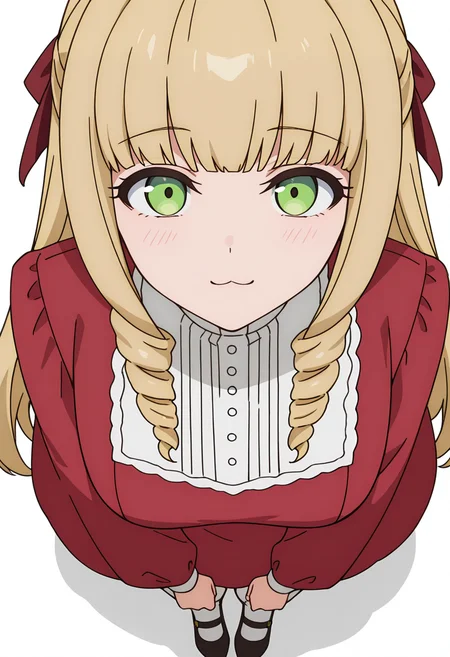 Smooth Quality,masterpiece,very intricate, high quality details, high detailed skin,detailed enviorement,absurdres, 
simple background, white background,front view,
 :3,
 <lora:Fiatoio_Annacnn:0.8>
fannacnn, 1girl, blonde hair, green eyes, long hair, blunt bangs, sidelocks, drill hair, 
white pantyhose, red dress, long sleeves,bow, hair ribbon, white shirt, shoes,