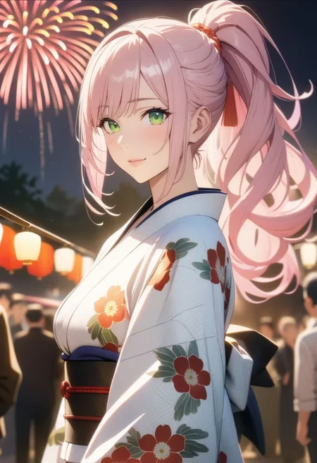 1woman, solo, long hair, pink hair, black choker, green eyes, eyeliner,  gorgeous lips, squats, ponytail, kimono, floral print, hair flaps, yukata, white kimono, japanes festival, night, aerial fireworks, light smile, looking at viewer
(anime, masterpiece, intricate:1.3), (best quality, hires textures, high detail:1.2), (4k),(incredibly detailed:1.4), perfect anatomy, graceful face, slim, pointed nose, (nostrils:1.3), gorgeous lips, UHD, 8K, ultra detailed, a cinematic photograph of HDR photo of Closeup photo of a beautiful natural 27-year-old woman,