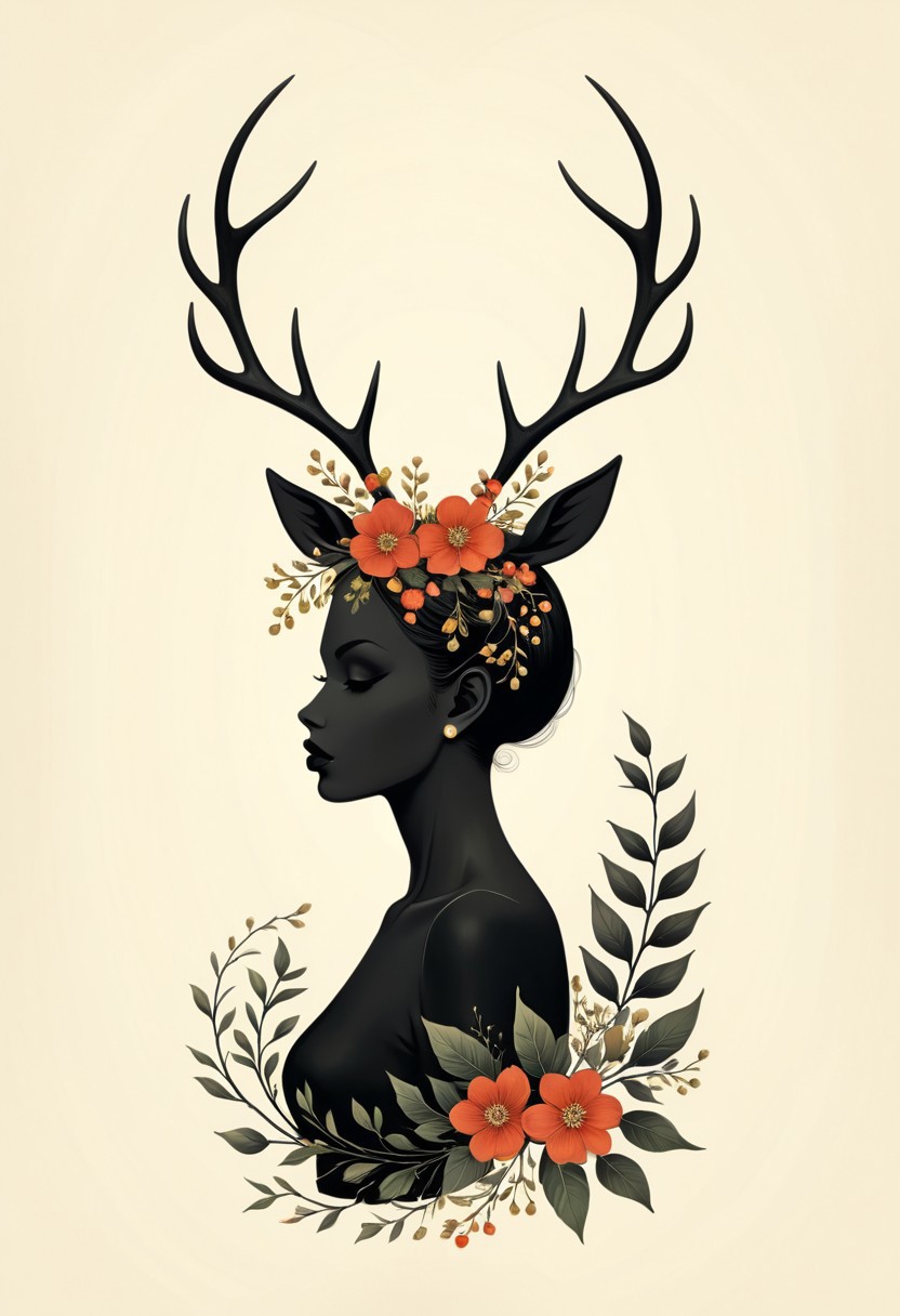 A SimpleIllustration of intriguing and enchanting depiction of a woman's silhouette embellished with floral antlers, radiating a gothic allure with a touch of dark elegance and mystery, combining elements of nature and mystique to create a visually striking and emotionally captivating representation of beauty and intrigue
