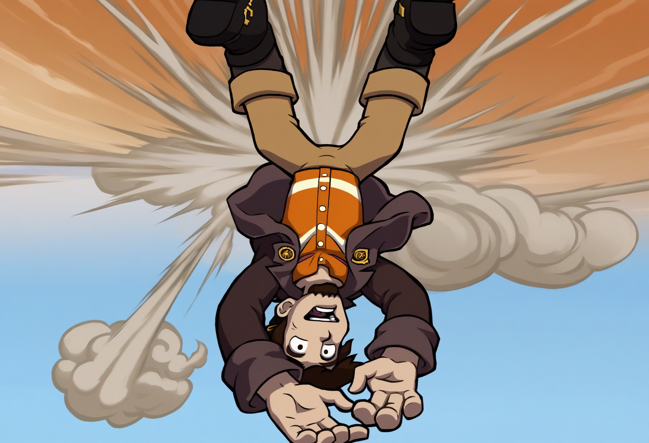 1boy, solo, male focus, upside-down, brown hair, open mouth, falling, boots, smoke, jacket, teeth, brown pants, shirt, coat, black footwear, sky, short hair, outdoors, facial hair, falling, explosion, 
<lora:deponia-guy90-Pony-LoraV101:1>, ainped