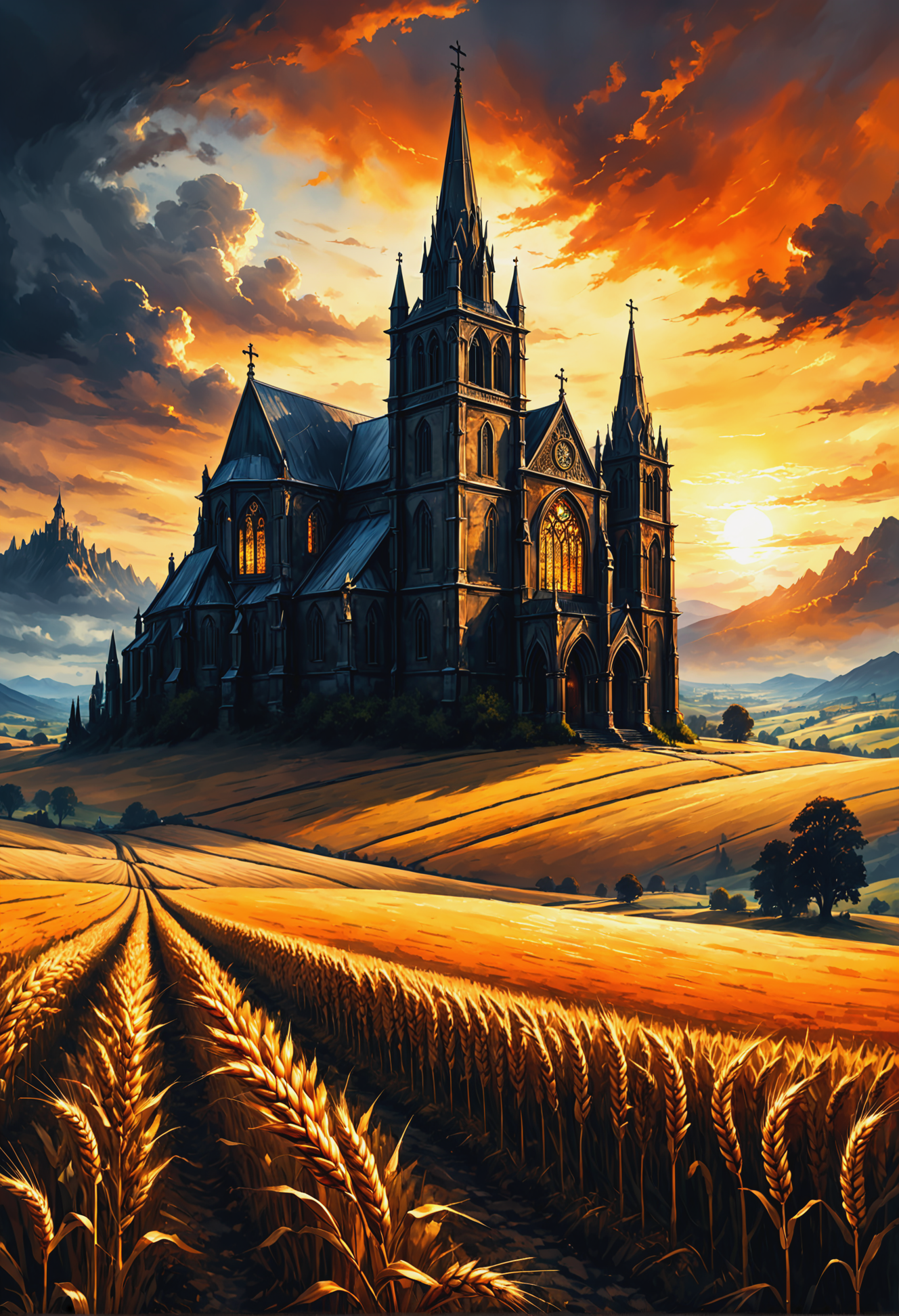 dark souls gothic scary style cinematic 16k resolution masterpiece illustration painting consisting of oil, watercolors and ink gothic church sunset golden orange sky white cloudscape mountains wheat field hyper details extreme details make masterpiece make perfect beautiful hyper details 8k intricate motifs perfect composition insanely-detailed extreme-detailed hyper-detailed volumetric deep rich colors volumetric lighting shadows Ray tracing, abstract art complementary colors fine details<lora:xl_more_art-full_v1:0.3>