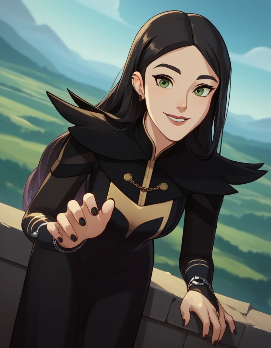 score_9, score_8_up, score_7_up, source_anime, <lora:dragon-prince-claudia-ponyxl-lora-nochekaiser:1>, claudia, long hair, black hair, green eyes, lips,, long sleeves, dress, jewelry, earrings, nail polish, black dress, black nails,, landscape, bent over, smile,, looking at viewer, solo, cowboy shot, dutch angle