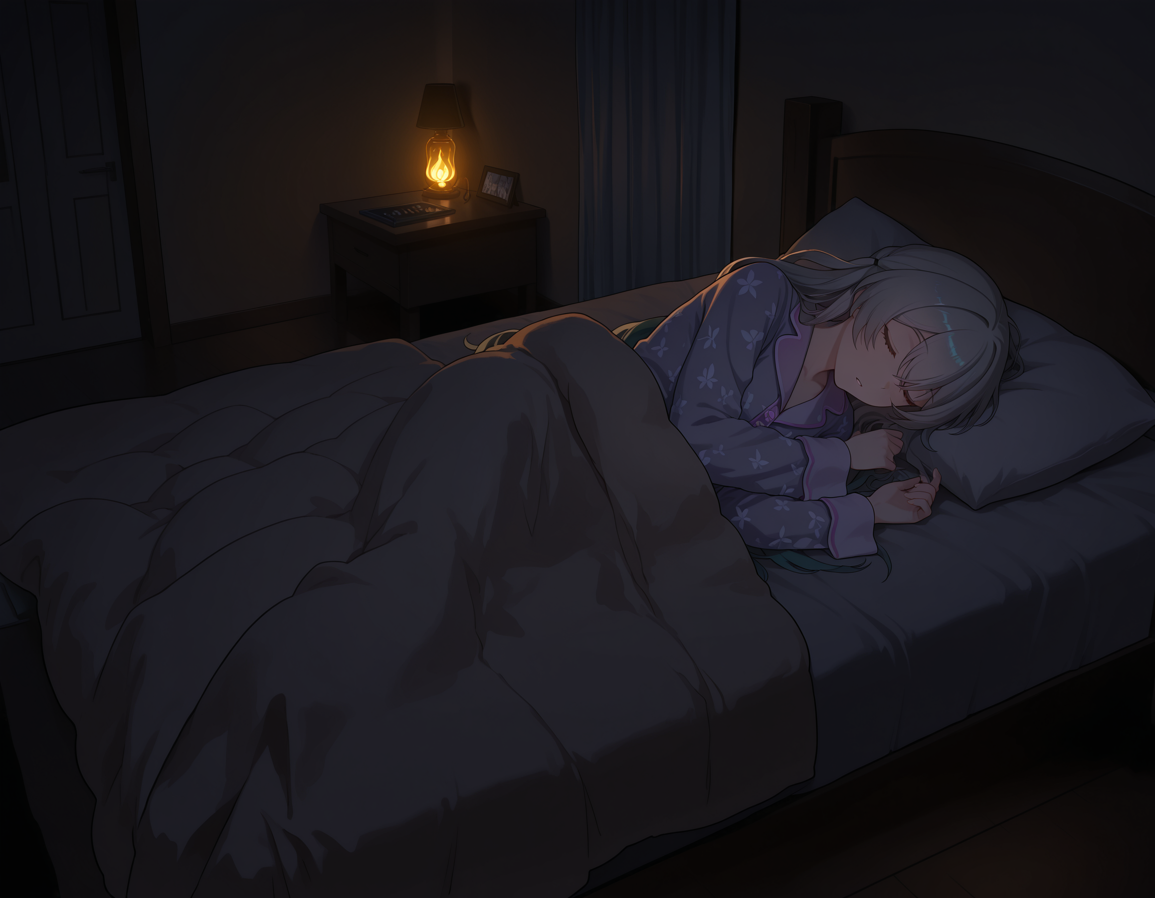 <lora:midis_LargeRoom_V0.5[IL]:1> , largeroom, firefly \(honkai: star rail\), bedroom, pajamas, sleeping, dark, masterpiece,best quality, very aesthetic,absurdres,newest,