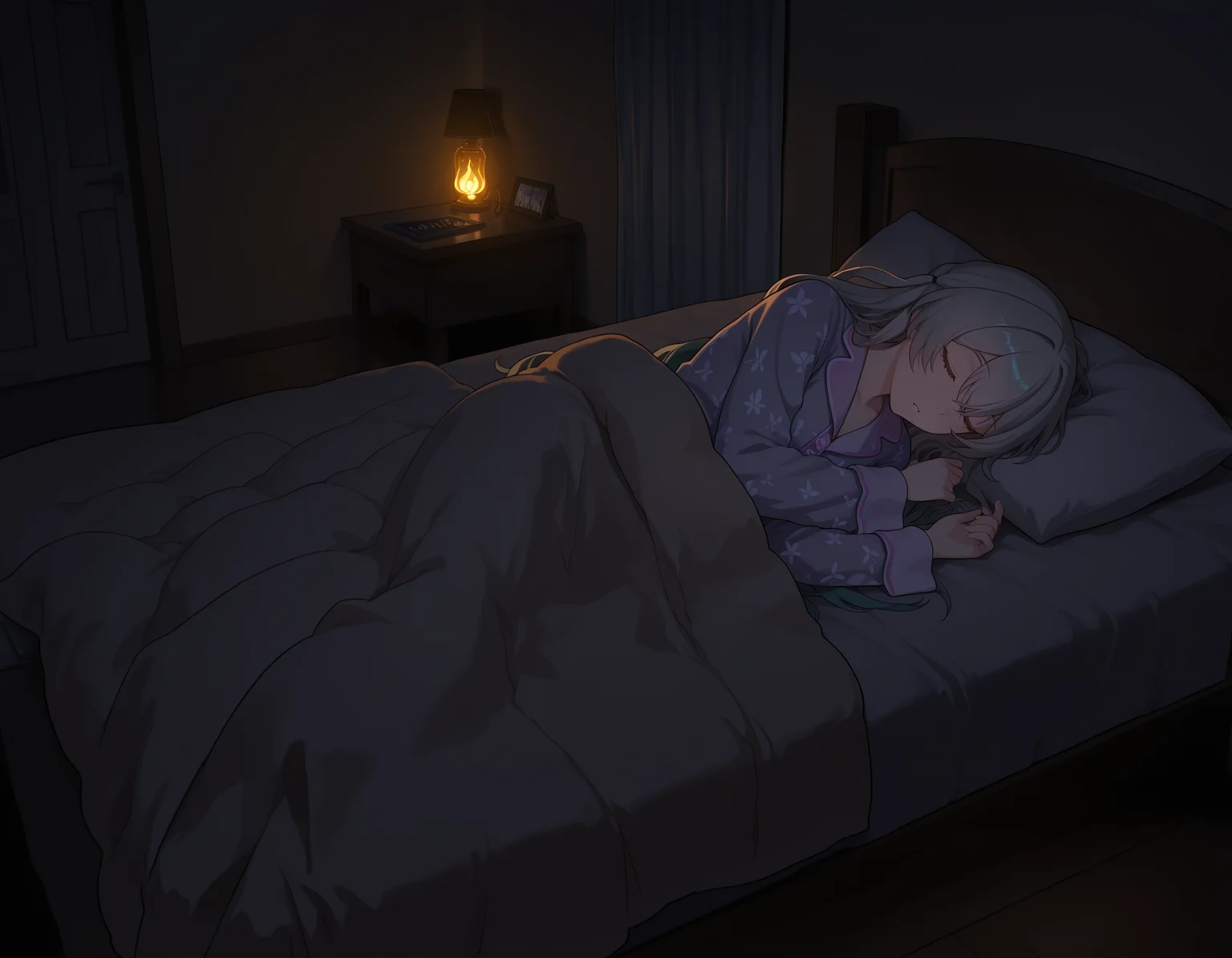 <lora:midis_LargeRoom_V0.5[IL]:1> , largeroom, firefly \(honkai: star rail\), bedroom, pajamas, sleeping, dark, masterpiece,best quality, very aesthetic,absurdres,newest,