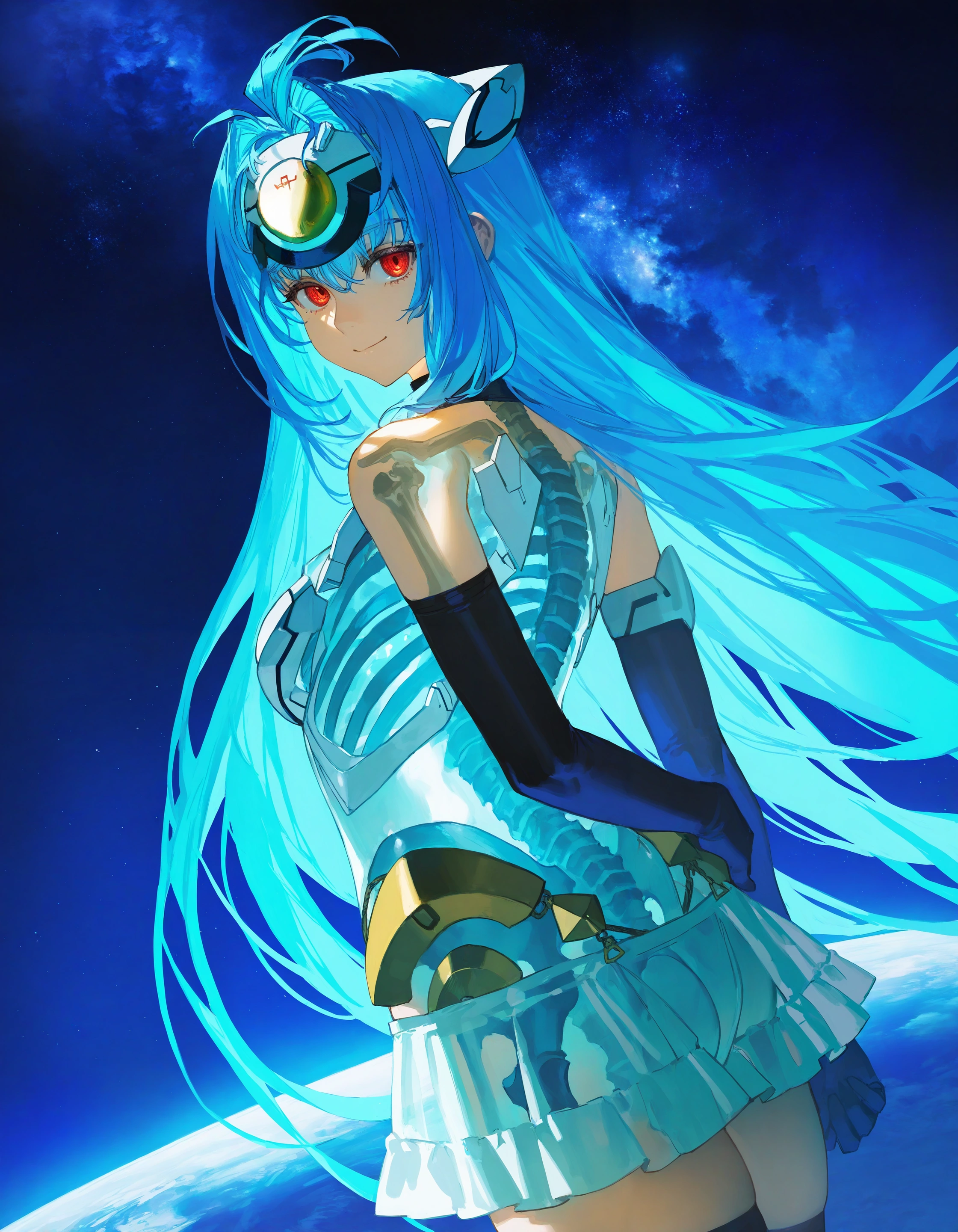 masterpiece, newest,
(cutesexyrobutts:0.45), (ciloranko:0.65), (quasarcake:0.65), (yomu \(sgt epper\):0.65),
1girl, see-through body, skeleton,
kos-mos, xenosaga,
bare shoulders, white skirt, forehead protector, blue hair,
space, planet, milky way, armored leotard, looking at viewer, sad, smile, from side, perspective, arm behind back
<lora:concept_hollowbody-ill_1:1>