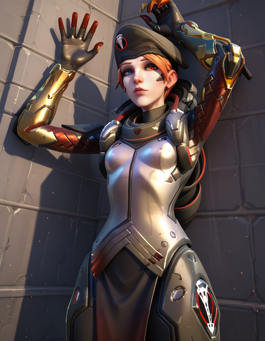 score_9, score_8_up, score_7_up, 1girl, 2.5d , blackwatch moira, moira (overwatch), heterochromia, Leaning against a wall with arms above head <lora:Blackwatch_moira_pony-000046:1>