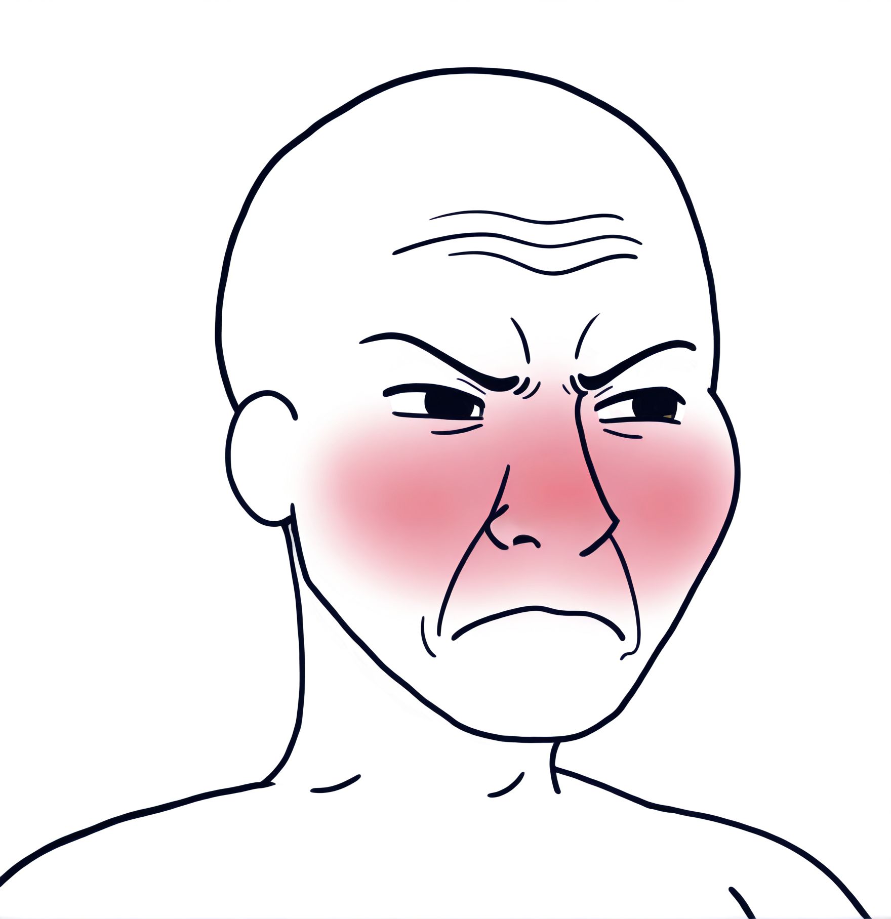 toon \(style\), 2d,
<lora:Wojak_style:1.1>Wojak style,
solo,1boy,
suspicious face, skeptical expression, slightly angry, blushing cheeks,
 bald,wojak,
white background, simple background, 
white skin,ugly man,