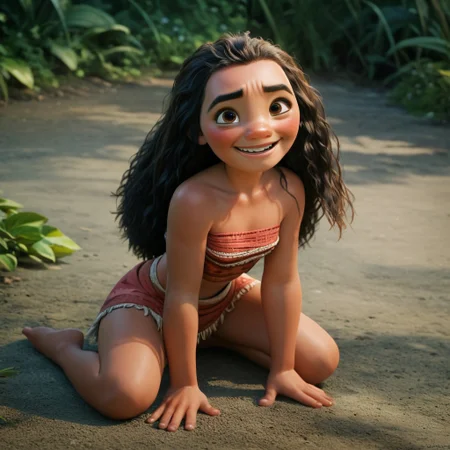 score_9, score_8_up, score_7_up, score_6_up, score_5_up, score_4_up, Moana, on the ground, barefoot, small breasts, small smile, blushing, looking up at viewer