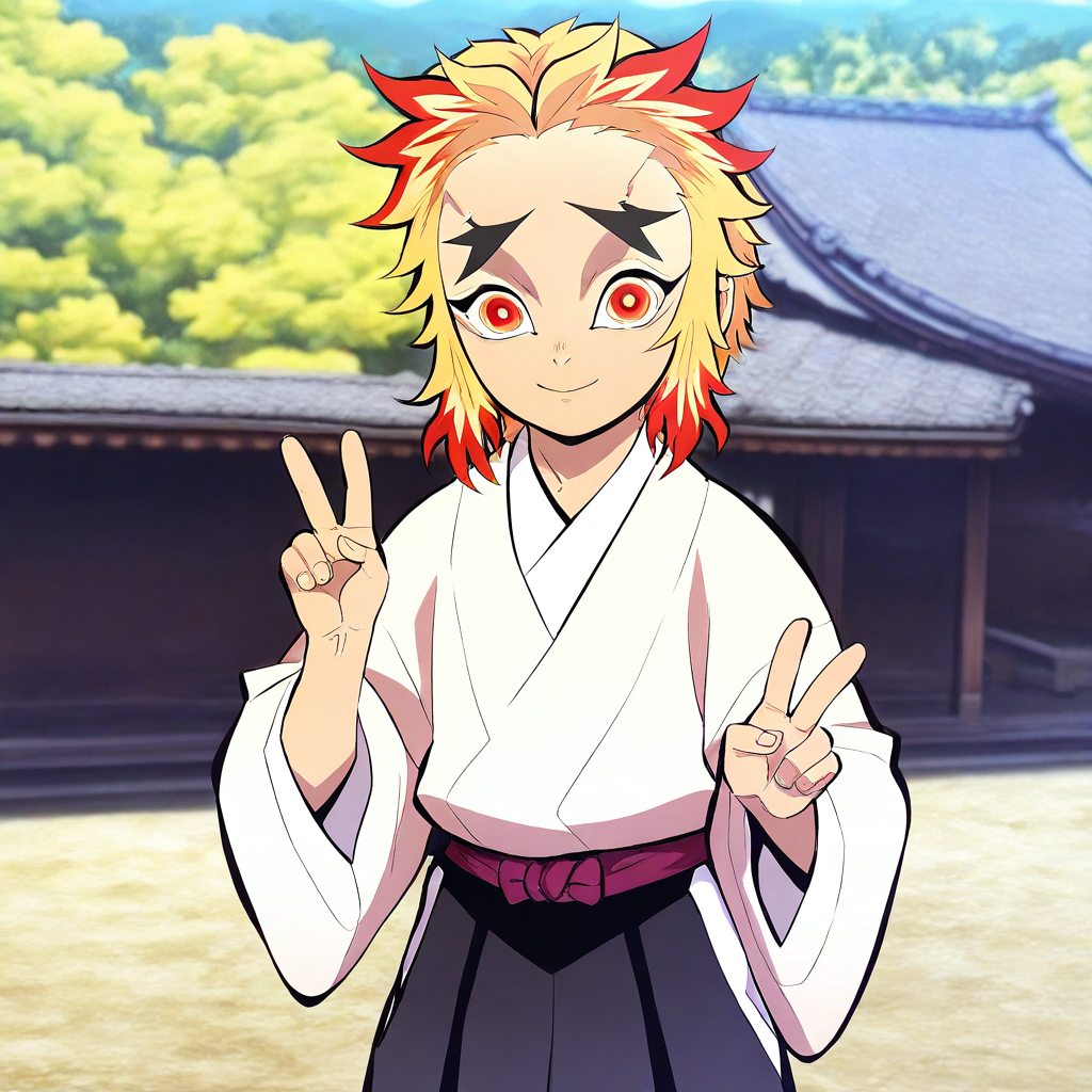 masterpiece, best quality, solo, senjuro_ds, 1boy, multicolored hair, forked eyebrows, japanese clothes, cute, v, looking at viewer, outdoors