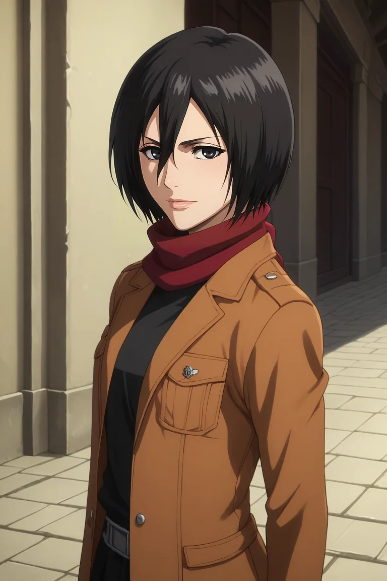score_9, score_8_up, score_7_up, source_anime, rating_safe, , semi-realistic, looking at viewer, , 1girl, <lora:mikasa_ackerman_pony:0.70>, mikasa_ackerman, black hair, black eyes, hair between eyes, short hair, lips, scarf, jacket, paradis military uniform, solo, from side, corridor, day, sunny, arms behind back, laughing, <lora:bleach_style_pony:0.66>, bleach_style, <lora:sdxl_lightning_8step_lora:1>
