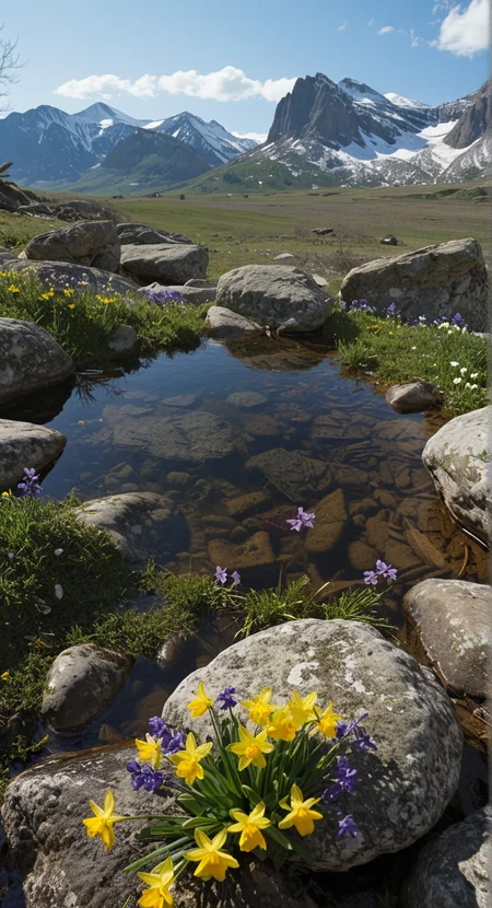 (no human:1.18), (scenic open landscape:1.32) view over (rocky outcrop overlooking (a warm and colorful springtime landscape) and reflection in a vast scenic landscape photography, 
Alpine creek, Polished rocks, Springtime meadow: violets, daffodils, Rugged mountains (Window light, soft, natural light streaming through a window, warm, inviting, capturing the play of light and shadow on the subject's face), 
, p4<lora:sdxl\pony-realism-22-nsfw-photo.safetensors:0.85:0.18> <lora:sdxl\add-detail-xl.safetensors:0.89:0.10  
p4,s1