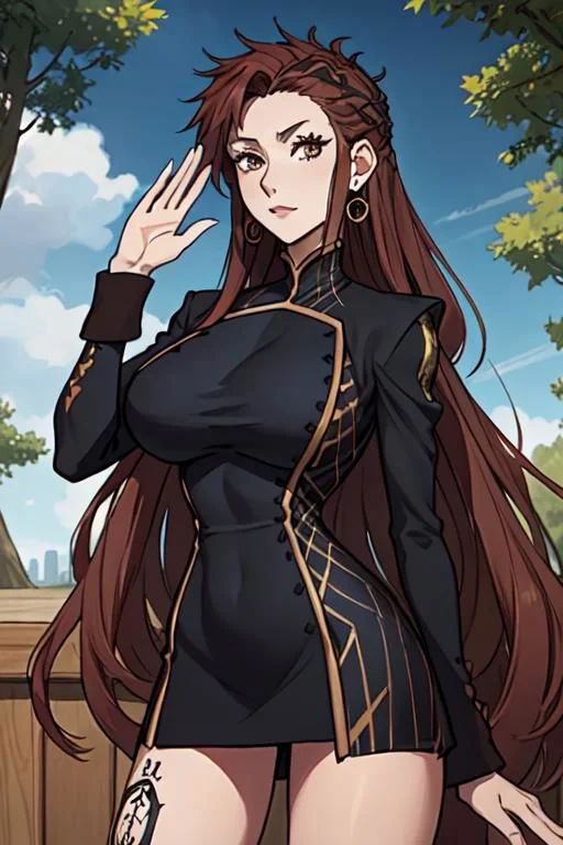 masterpiece, best quality, <lora:fsrdorothea-nvwls-v1-000009:0.9> fsrdorothea, earrings, black dress, short dress, long sleeves, leg tattoo, large breasts, looking at viewer, hand to hip, waving, :D, looking at viewer, blue sky, forest