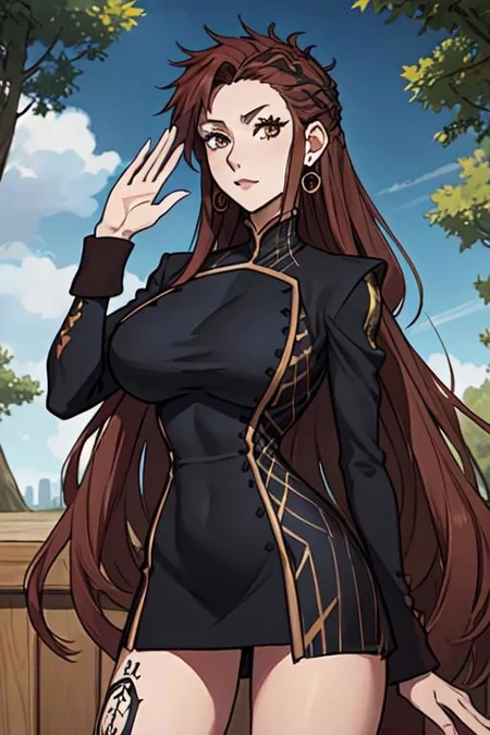 masterpiece, best quality, <lora:fsrdorothea-nvwls-v1-000009:0.9> fsrdorothea, earrings, black dress, short dress, long sleeves, leg tattoo, large breasts, looking at viewer, hand to hip, waving, :D, looking at viewer, blue sky, forest
