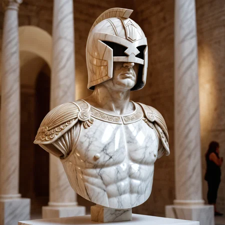 marble, bust of jdgdrdd carved from marble helmet, art,  armor, full body,  high quality, 4k resolution  blurry foreground, 8k resolution, bokeh, <lora:Char_maj-JudgeDredd2012v2-SDXL:0.8> greek architecture, indoor museum, on display