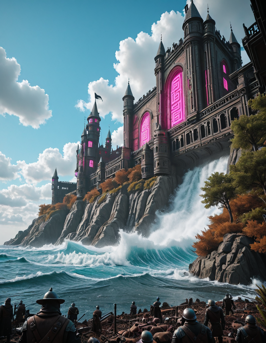 <lora:CWMinis01v2illb:1> cw01mini, hologram tree, colorful, vegetation, medieval, medieval castle, glowing kanji, glow, illuminated, day, neons, too many wires, tubes on walls, low angle shot, photo, mist, persons, blue sky, sunny day, glowing runes, rough sea, high waves, splashing, rocks, mountains, steampunk, cyberpunk, dracula