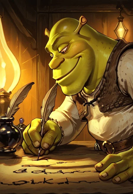 masterpiece, best quality, newest, absurdres, highres, TTCSV1.0,
writtenpeak, sidelighting, 1boy, male focus, shrek, bald, green skin, brown vest, white shirt, brown belt, pants, holding quill, feathers, lamp, inkwell, ink, indoors, writing, looking at object, smile, profile, from side,