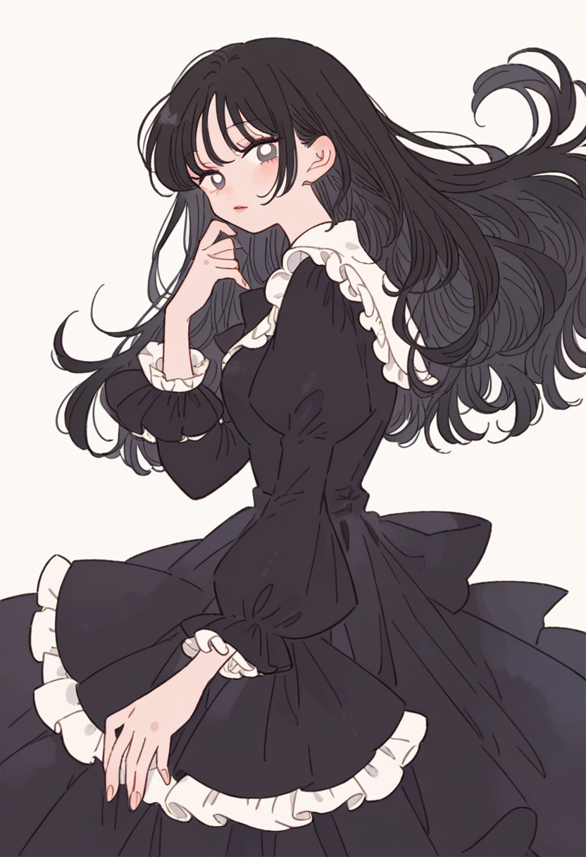 score_9, score_8_up, score_7_up, score_6_up, source_anime, <lora:rikuwo_v0.3-pony:1>
1girl, long hair, black hair, looking at viewer, 
frilled dress, simple background,