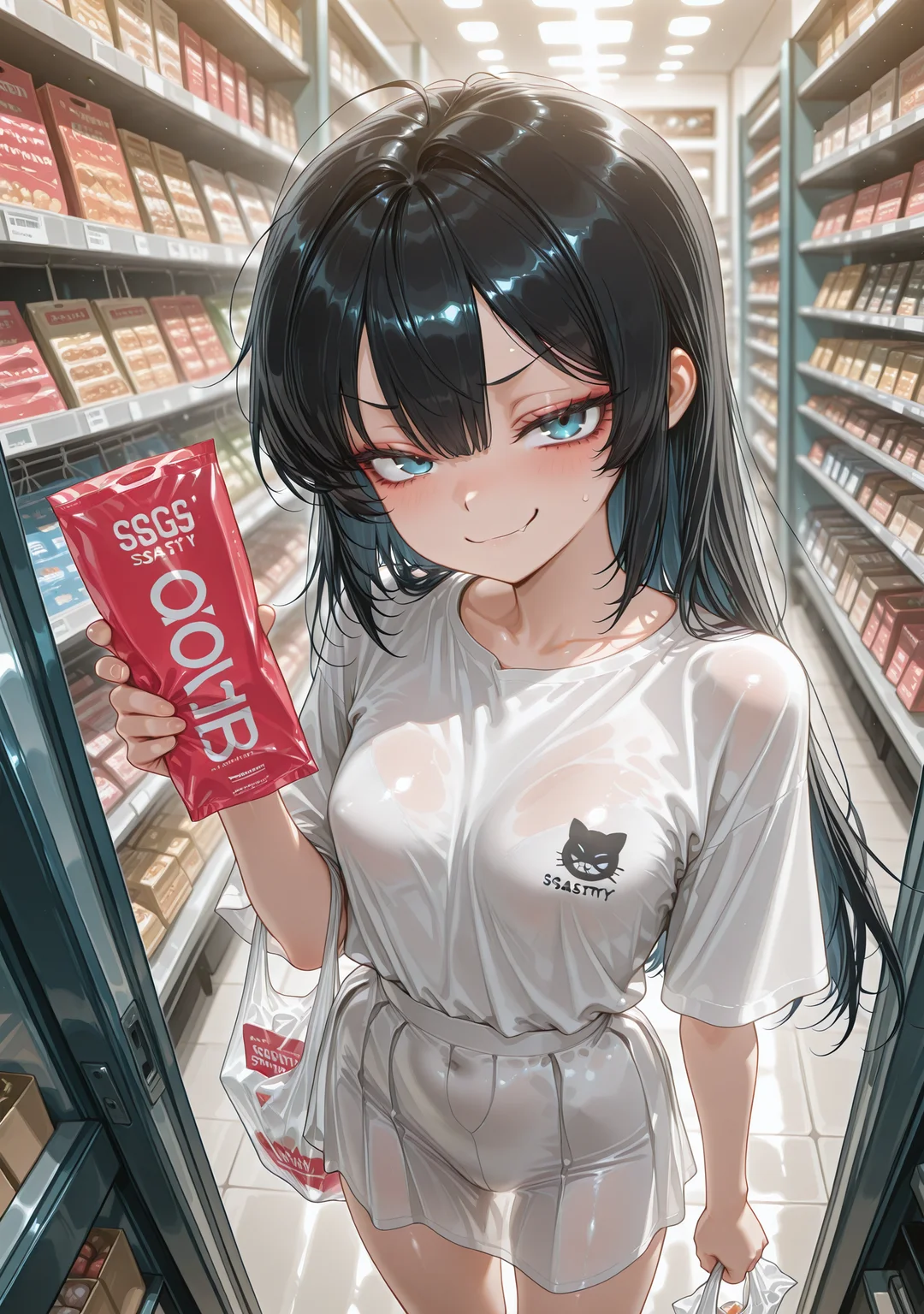 masterpiece,best quality,amazing quality,
1girl,<lora:ssasty:1>,ssasty,looking at viewer,shopping,smug,holding plastic bag,