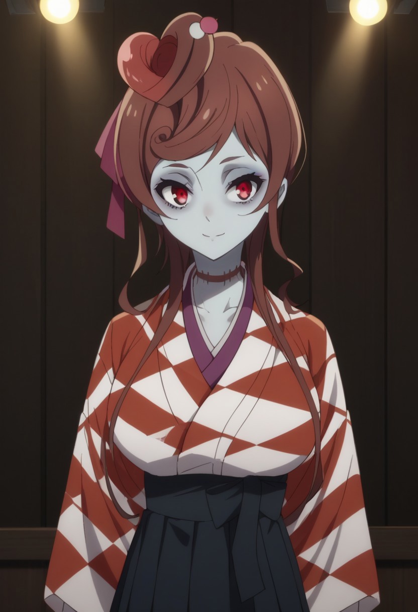 score_9, score_8_up, score_7_up, source_anime, highly detailed, 
yugiri, 1girl, zombie costume, red eyes, solo, blue skin, japanese clothes, hair ornament, colored skin, scar on neck, kimono, scar, brown hair,
long hair, skirt, upper body, checkered kimono, checkered clothes,
indoor, stage, stage lights, smile