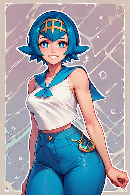score_9, score_8_up, score_8, medium breasts, (curvy), cute, eyelashes,       BREAK, , Lana_(Pokemon), blue eyes, blue hair, short hair, gold hairband, white pupils, blue pants, white shirt, sleeveless shirt, bodysuit under clothes, blue sailor collar <lora:LanaShadowxArt:0.8>, , BREAK, smile, looking at viewer,  abstract background, white outline, cowboy shot, embedding:zPDXL, Expressiveh, <lora:CatalystStylePDXL:0.6>,  <lora:SDXLFaeTastic2400:0.5>,  <lora:Expressive_H-000001:0.4>,