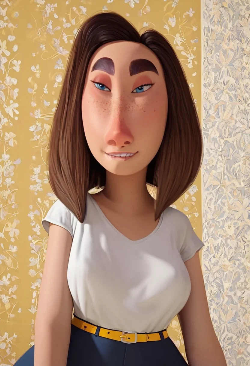 sarah (meetmyfamily), 1girl, long face, blue eyes, thick eyebrows, freckles, brown hair, medium hair, bob cut, white tucked in shirt, short sleeves, yellow belt, tight blue jeans, black high-heels, grey wristwatch, curvy, wide hips, thick thighs, score_8_up, score_7_up, BREAK, 1girl, solo, closeup, smirk, biting lips, realistic, 3d, portrait