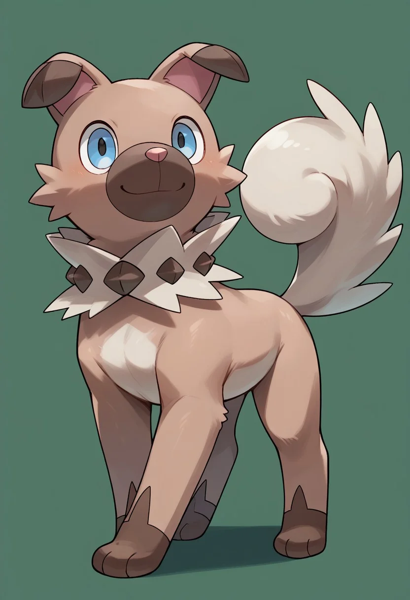 score_9, score_8_up, score_7_up, rockruff, pokemon (creature), looking at viewer, smile, full body, green background,