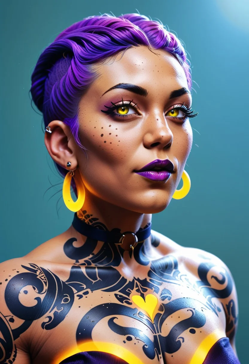 1girl, cute, thin slutty, alien, multiple alien horns,(yellow glowing hair tentacles) , dark purple skin, plump lips, small purple nipples, (dynamic lighting),(dynamic angle), violet lipstick, portrait , (black tattoo spots on the body), seductive, (loving eyes:1.3) , source_cartoon, glowing yellow iris, (dynamic angle),
earrings, naval piercing
masterpiece,best
quality,highres,highly_detailed,absurdres,
style of Richard Corben, artbook illustration, invncbl
score_9, score_8_up, score_7_up, score_6_up,score_5_up,score_4_up,