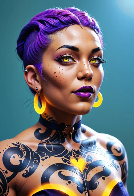 1girl, cute, thin slutty, alien, multiple alien horns,(yellow glowing hair tentacles) , dark purple skin, plump lips, small purple nipples, (dynamic lighting),(dynamic angle), violet lipstick, portrait , (black tattoo spots on the body), seductive, (loving eyes:1.3) , source_cartoon, glowing yellow iris, (dynamic angle),
earrings, naval piercing
masterpiece,best 
quality,highres,highly_detailed,absurdres,
style of Richard Corben, artbook illustration, invncbl
score_9, score_8_up, score_7_up, score_6_up,score_5_up,score_4_up,