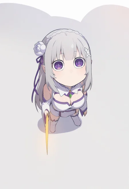 score_9, score_8_up, score_7_up, source_anime,
BREAK
<lora:shiEmiliaV2:1.0> shimilia, long hair, grey hair, pointy ears, crown braid, hair flower, hair ribbon, purple ribbon, x hair ornament, white dress, cleavage, bare shoulders, wide sleeves, white thighhighs, thigh boots,
<lora:shiBoobShadowMemeV2Continue20th:1.1>,
1girl, solo, shingleshadowmeme, purple eyes,
wide-eyed, solid circle eyes, no mouth, closed mouth,
boob shadow, shadow,
looking up, standing, full body,
simple background, white background, chibi, meme,
large breasts, giantess,