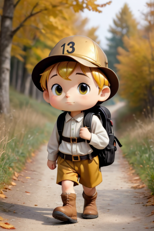 a cute little
front view small golden boy  pilgrim with backpack walking with a walking number 13 in the  cap