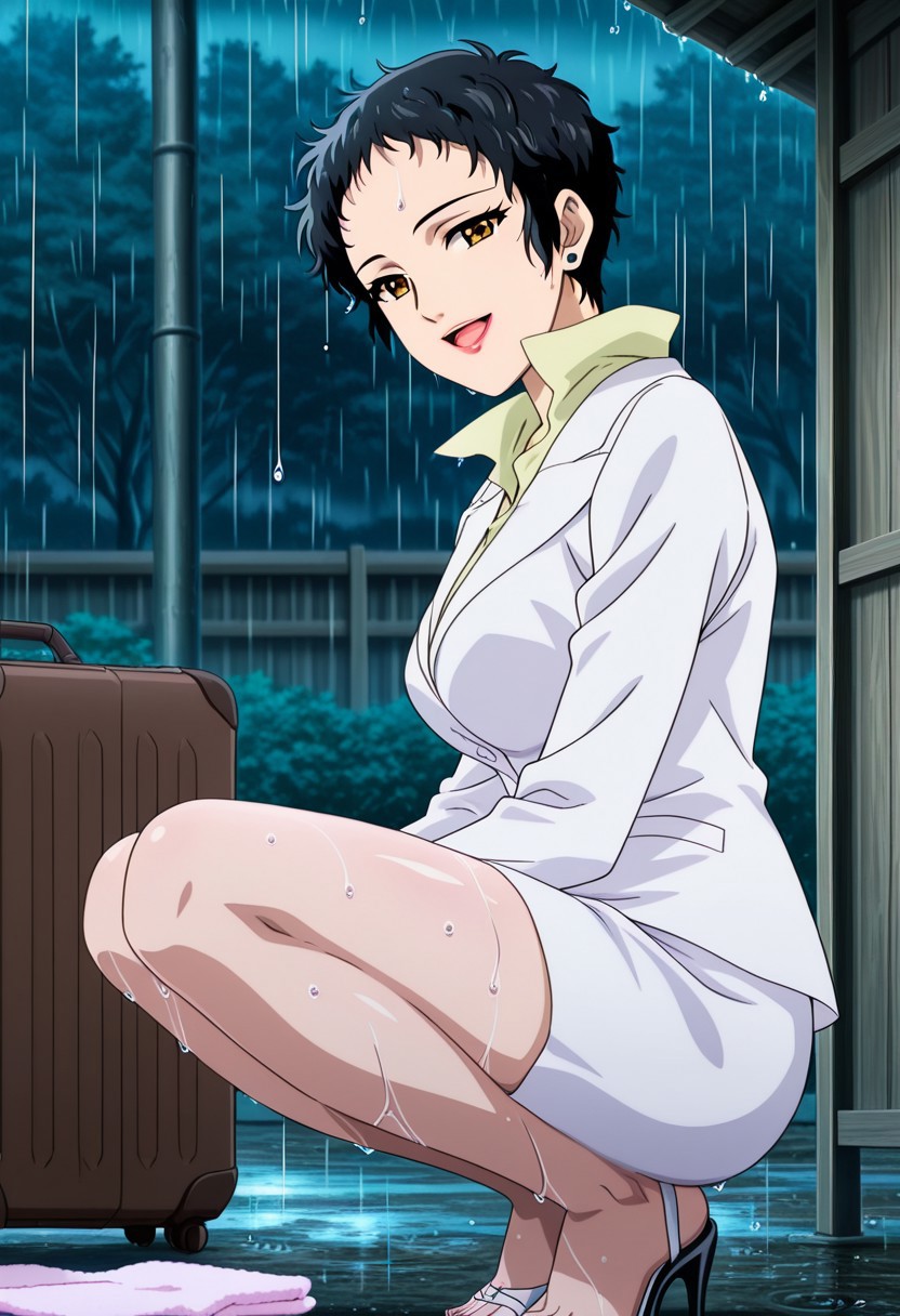 best quality, masterpiece, anime screencap, anime coloring, ultra detailed, source_anime, intricate details, perfect anatomy, looking at viewer,
haskata ren, black hair, short hair, very short hair, brown eyes,  lips, lipstick, jewelry, earrings, makeup, breasts, large breasts, smile, open mouth, big smile, large smile,
formal, suit, white suit, skirt, pencil skirt, white skirt, shirt, yellow shirt, collared shirt, stand-up collar,
outdoors, dim lighting, dimly lit shed, kneeling, sitting, center of image, upper body, facing viewer, legs spread, bare feet and bare toes, toenails painted black, high heels, background, suitcase, wooden shelf, texture, rain, water drops, towel, wet, drizzle, (from side:1.3)