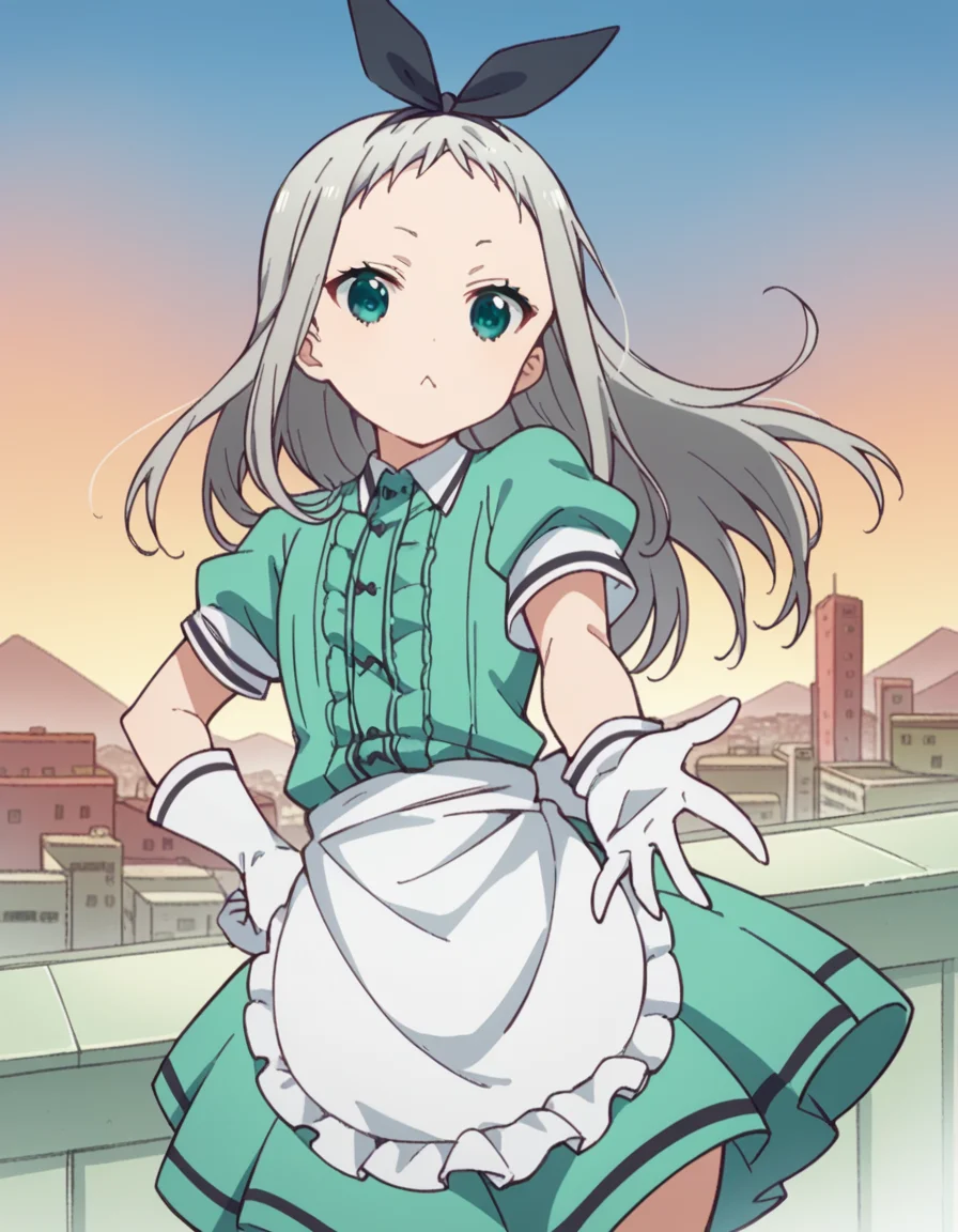 score_9, score_8_up, score_7_up, source_anime, <lora:hideri-kanzaki-s1-ponyxl-lora-nochekaiser:1>, hideri kanzaki, long hair, bow, green eyes, hair bow, grey hair, male focus, hairband, black hairband, otoko no ko, forehead,, gloves, dress, short sleeves, frills, puffy sleeves, white gloves, apron, puffy short sleeves, waist apron, white apron, frilled apron, waitress,, rooftop, sunset, cityscape, quiet moment, wind blowing, contemplative, , , knee bent, hand on hip, arm outstretched, solo,, cowboy shot, dutch angle