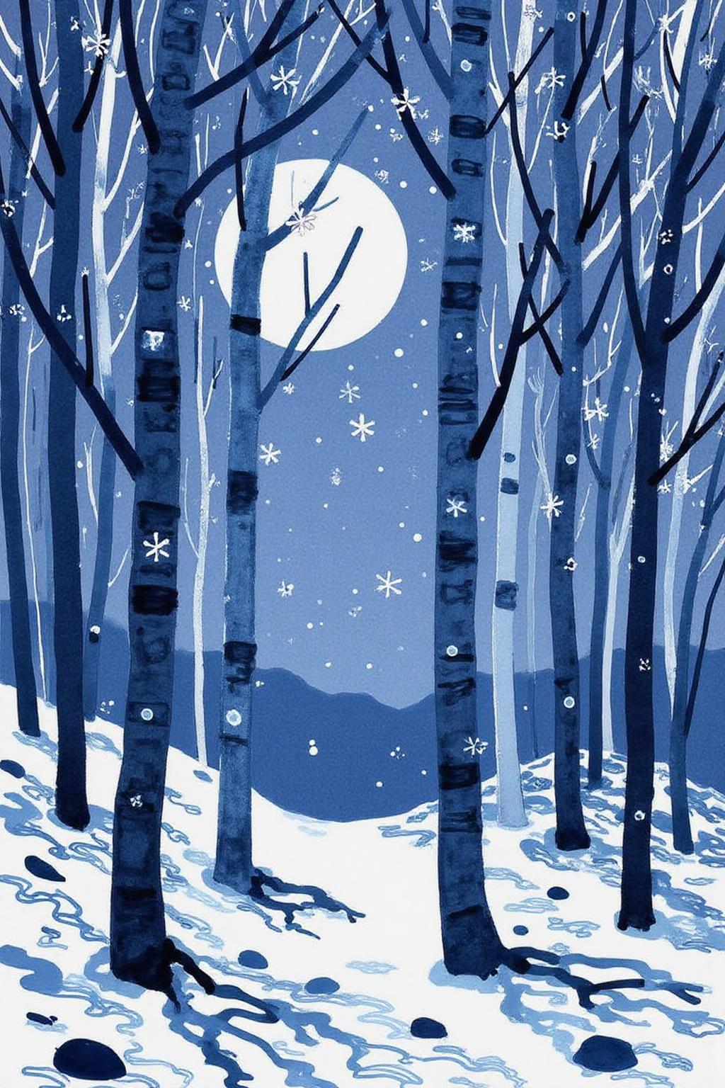 watercolor illustration.
mawon1. A winter night scene in a forest. The artwork features a stylized, minimalist representation of tall, slender tree trunks with textured bark, predominantly in shades of dark blue and navy. The trees are arranged vertically, creating a sense of depth and density. Their bark is depicted with small, evenly spaced, dark spots, giving them a unique, almost quilted appearance. There is a full moon behind the trees. Large snow flakes are falling.  <lora:minink1_cap_d6a3e12:1.0><lora:825128260829680667:0>