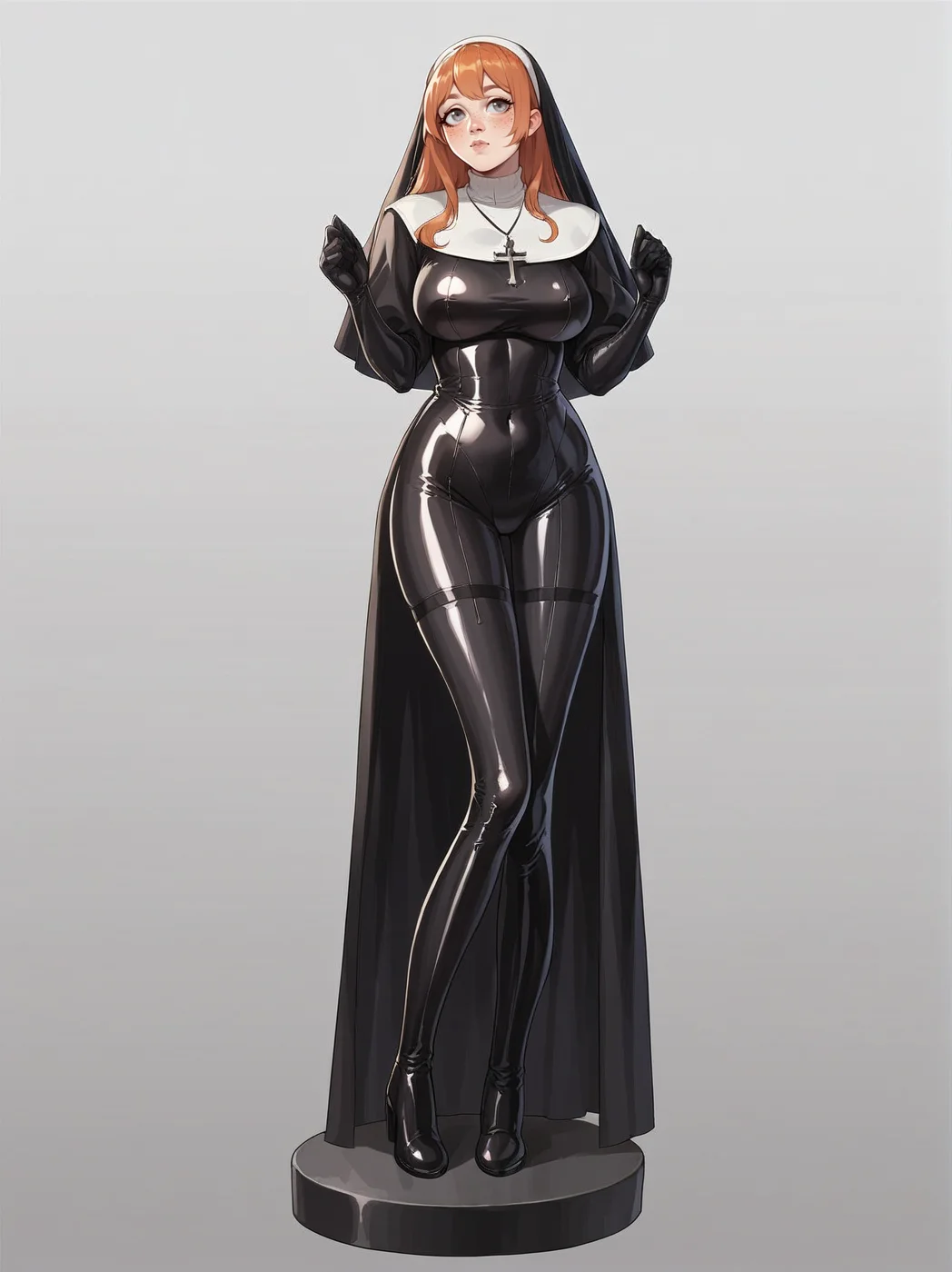 source_anime, score_9. score_8_up, score_7_up, score_6_up, score_5_up, score_4_up, (plump:0.3), large breasts, ginger hair, 1girl, <lora:Ch0w13nunPXL:0.6> ch0wb13nun, long hair, bodysuit, cross, black bodysuit, nun, black latex, latex bodysuit, simple background, full body, anime