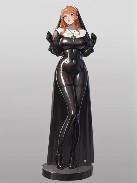 source_anime, score_9. score_8_up, score_7_up, score_6_up, score_5_up, score_4_up, (plump:0.3), large breasts, ginger hair, 1girl, <lora:Ch0w13nunPXL:0.6> ch0wb13nun, long hair, bodysuit, cross, black bodysuit, nun, black latex, latex bodysuit, simple background, full body, anime