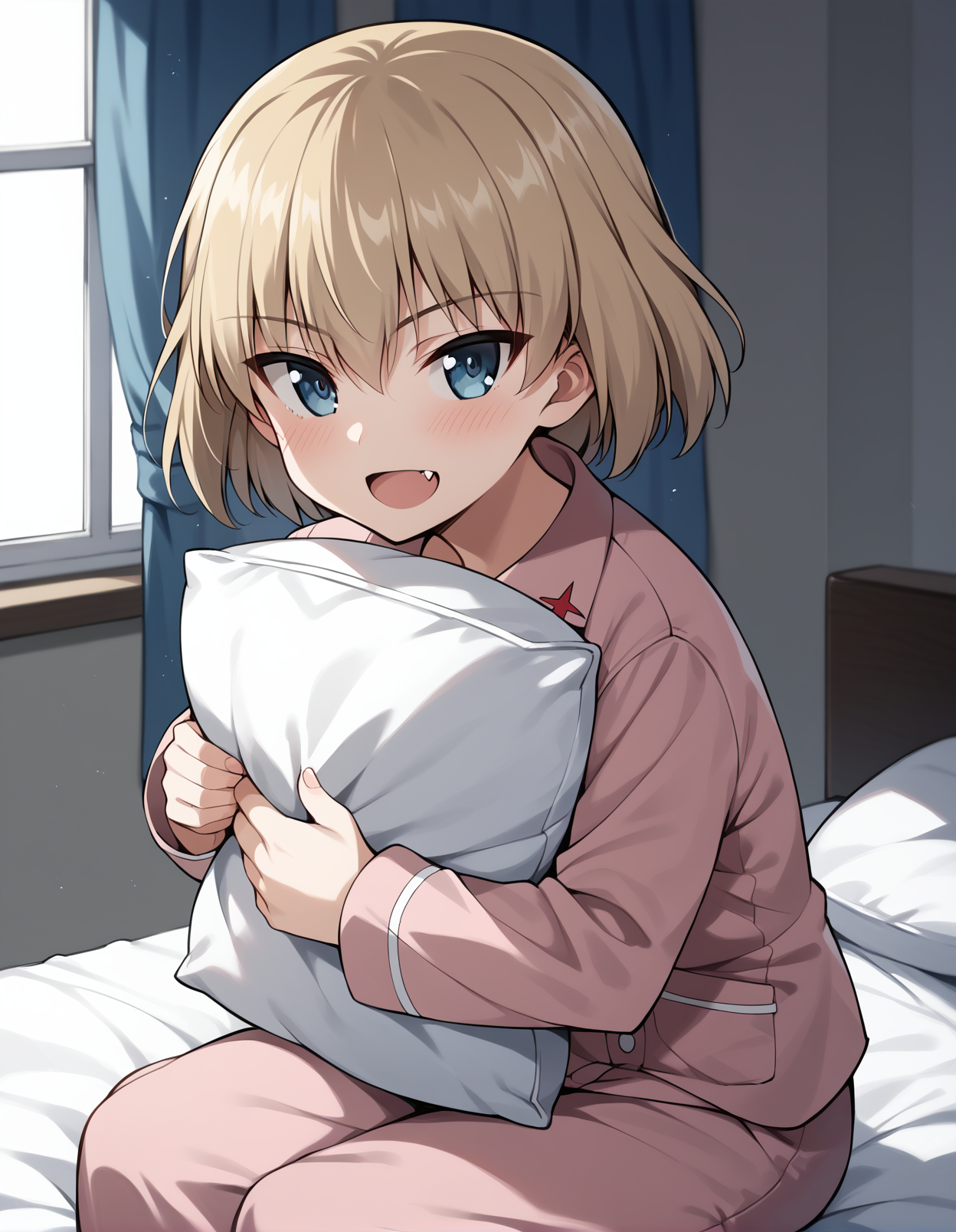 score_9, score_8_up, score_7_up, score_6_up, score_5_up, score_4_up, source_anime, rating_safe, BREAK <lora:katyushaXL_LoRA-C3Lier_AdamW_Dim8_Alpha8_UN-3e-4_TE-1.5e-4_10batch_ponyDiffusionV6XL_v6StartWithThisOne:1>, katyusha \(girls und panzer\), 1girl, blonde hair, short hair, blue eyes, fang, pink pajamas, open mouth, blush, looking at viewer, looking up, pillow hug, sitting, on bed, bedroom, bed sheet, window, curtains, night, night sky