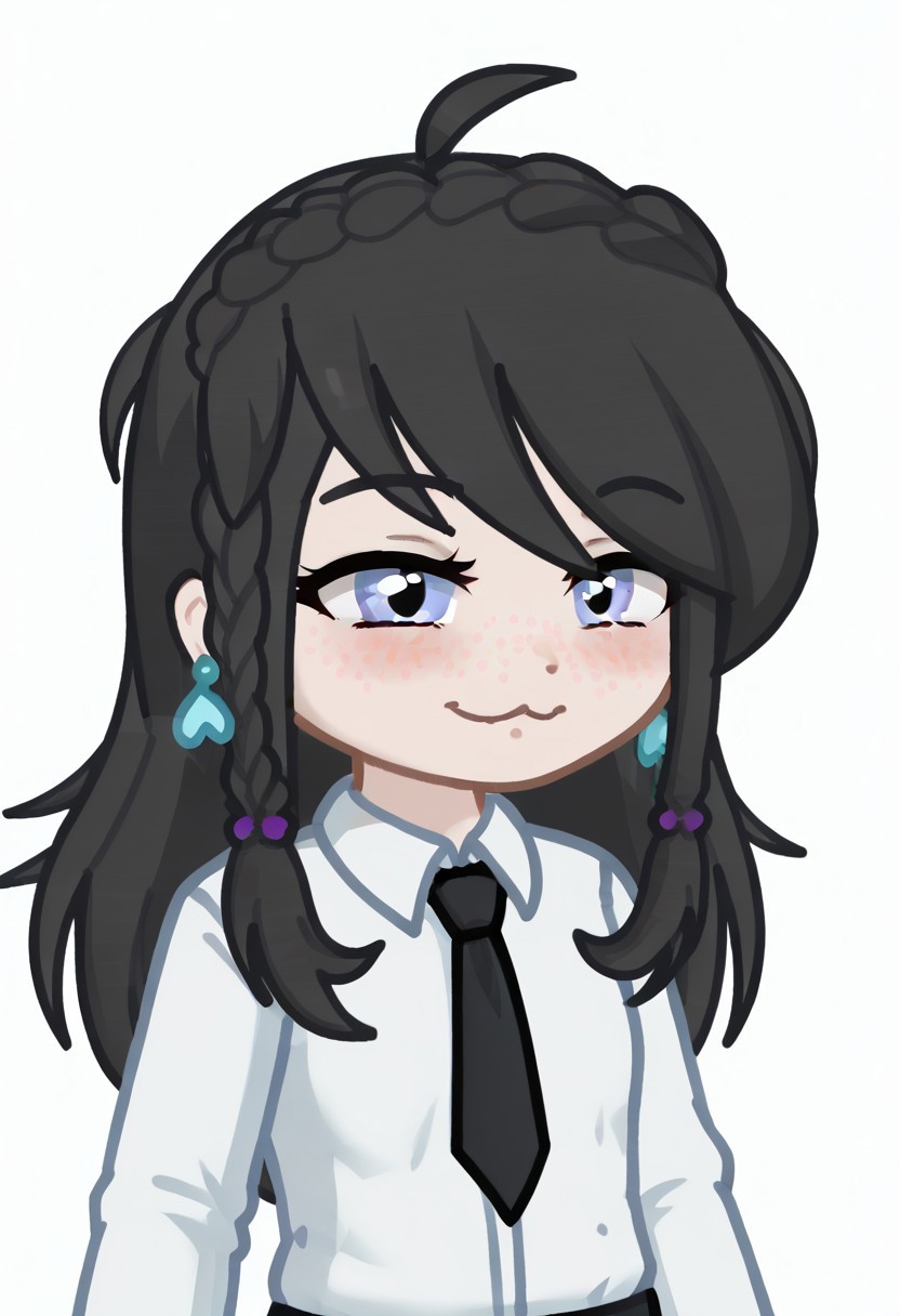 score_9, score_8_up, score_7_up, score_6_up, Neon light, lying in bed, GELUGDD, GELUGDDGacha, GELUGDD, GELUGDDGacha, Gacha, girl, black hair, long hair, braid, blue eyes, blue earrings, black tie, jitome, hosome, half closed eyes, squinted eyes, narrowed eyes, narrow gaze,