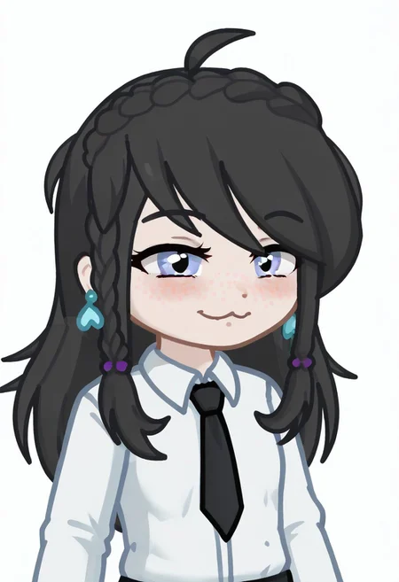 score_9, score_8_up, score_7_up, score_6_up, Neon light, lying in bed, GELUGDD, GELUGDDGacha, GELUGDD, GELUGDDGacha, Gacha, girl, black hair, long hair, braid, blue eyes, blue earrings, black tie, jitome, hosome, half closed eyes, squinted eyes, narrowed eyes, narrow gaze,