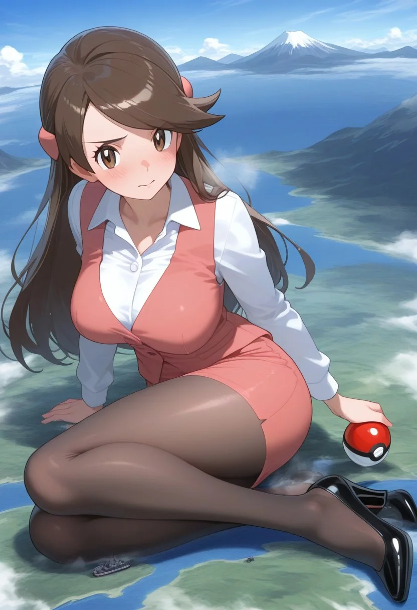 2d, masterpiece, best quality, amazing quality, highres, absurdres, newest, 1girl, solo, sitting, yokozuwari, from above, dutch angle, looking at viewer, day, sky, medium breasts, olbw, office worker \(pokemon\), office lady, brown eyes, long hair, brown hair, hair ornament, pink vest, white shirt, collared shirt, long sleeves, pink skirt, pencil skirt, black pantyhose, high heels, black footwear,tall,adult,holding pokeball,
giantess,giga size,landscape,cloud,mountain,liver,sea,