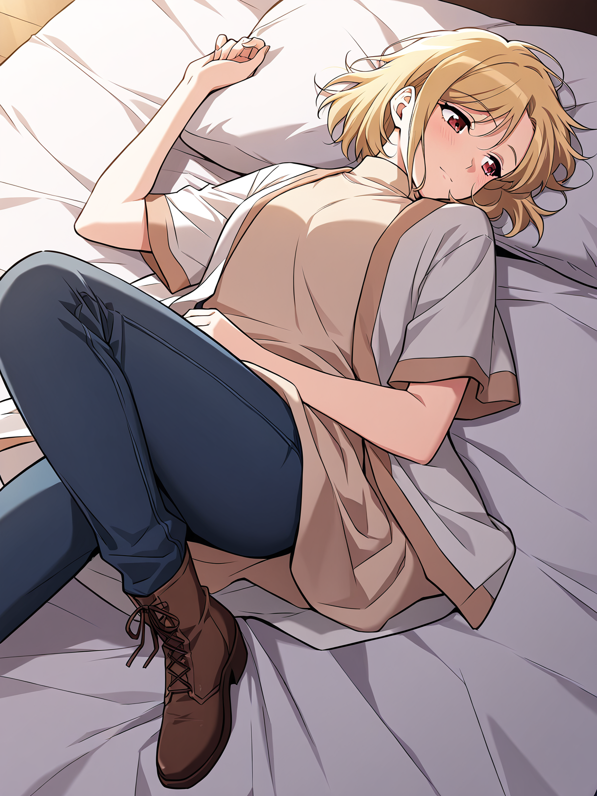 <lora:Omniscient_Readers_Viewpoint__Shin_Yoosung:1>
1girl, solo, short hair, blonde hair, soft expression, light skin,  red brown eyes,
white short-sleeve shirt, beige turtleneck sweater, dark blue jeans, brown boots, layered outfit, modern clothes, 
score_9, score_8_up, score_7_up, score_6_up, source_anime, masterpiece, best quality, top-down view, a beautiful woman lying on a bed, relaxed pose, long flowing hair spread on the pillow, soft lighting, cozy bedroom, gentle expression, elegant nightgown, delicate sheets, natural shadows, serene atmosphere, slight perspective distortion from above