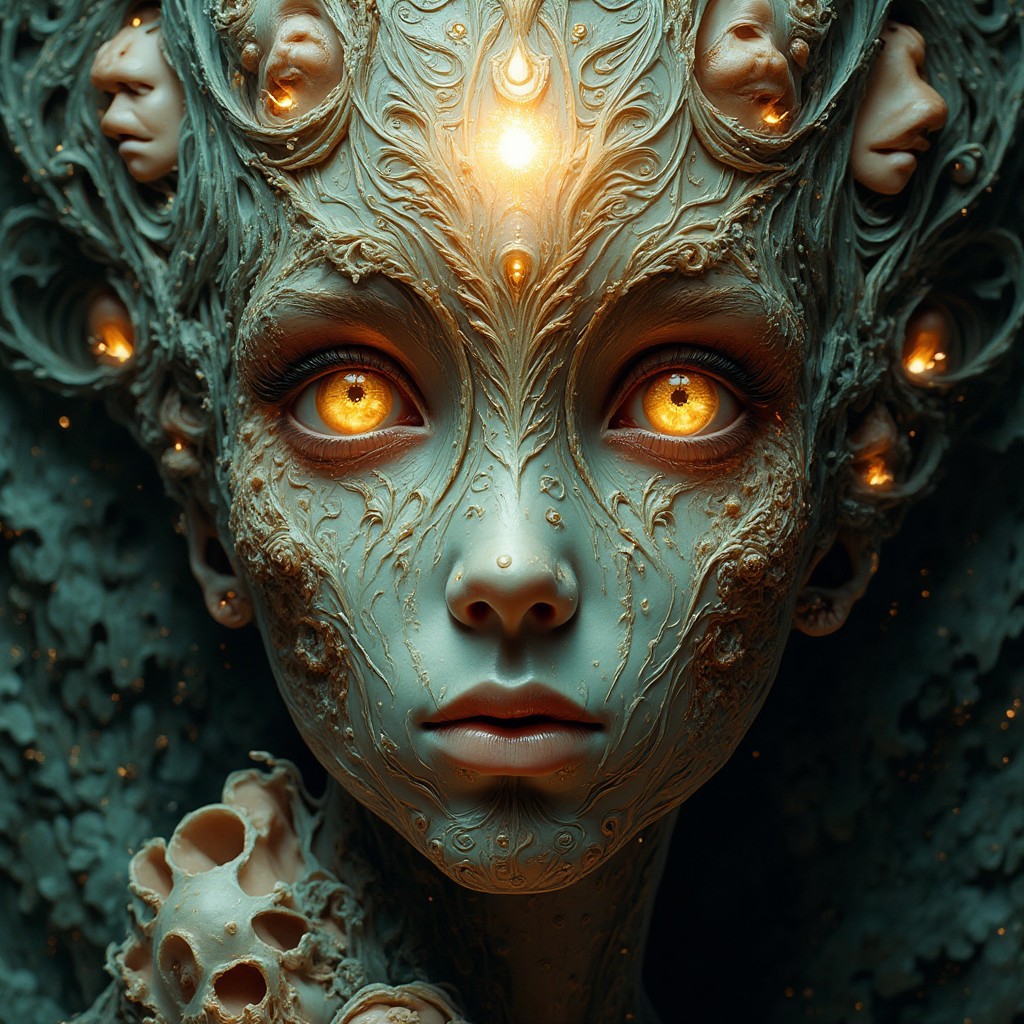 Create a hyper-realistic and intricate close-up portrait of a human face that seamlessly merges with swirling, organic patterns and smaller, human-like faces embedded within the design. The central figure's eyes are a vivid, almost glowing golden color, exuding an intense, otherworldly presence. The facial features are highly detailed, with the skin appearing as if it's woven together with delicate, flowing tendrils and ornate, carved designs.
The patterns within the face are complex, resembling both living tissue and sculpted art, with a surreal blend of textures. Smaller, ghostly faces emerge from the design, their expressions varying from serene to anguished, as if they are part of the main face’s essence. At the center of the forehead is a radiant, glowing orb, which seems to be the source of the face's energy, casting a soft, warm light across the intricate patterns.
The overall composition is both beautiful and unsettling, with a lifelike quality that blurs the line between human and something far more mystical and ancient. The image should evoke a sense of awe and contemplation, as if the viewer is looking into a living, breathing work of art that holds countless secrets within its design
