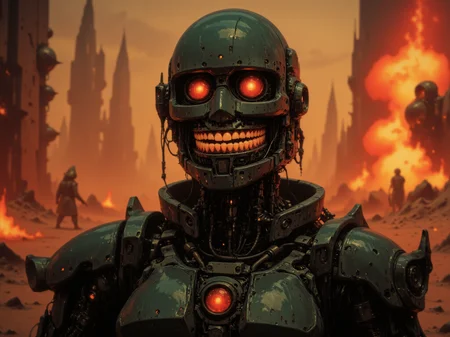 In the style of ckcc, a fearsome woman templar stands in the midst of a smoldering medieval battlefield, her plastic cyborg mask split open to reveal the intricate, whirring mechanical components beneath. Her face is an unsettling fusion of cold steel and organic horror, with lifelike human-like teeth ral-rbotth gleaming eerily inside her artificial mouth, their unnatural perfection contrasting with the exposed gears and servos twitching behind them. Clad in futuristic, battle-worn templar armor fused with cybernetic enhancements, she surveys the destruction with an unsettling stillness, her synthetic eyes devoid of mercy. The scene, ripped straight from the epic movie Ghost in Armor, captures the terrifying fusion of medieval brutality and high-tech horror.
<lora:ral-rbotth-flux:0.75> <lora:ck-chromatic-crusade_r1:0.95>