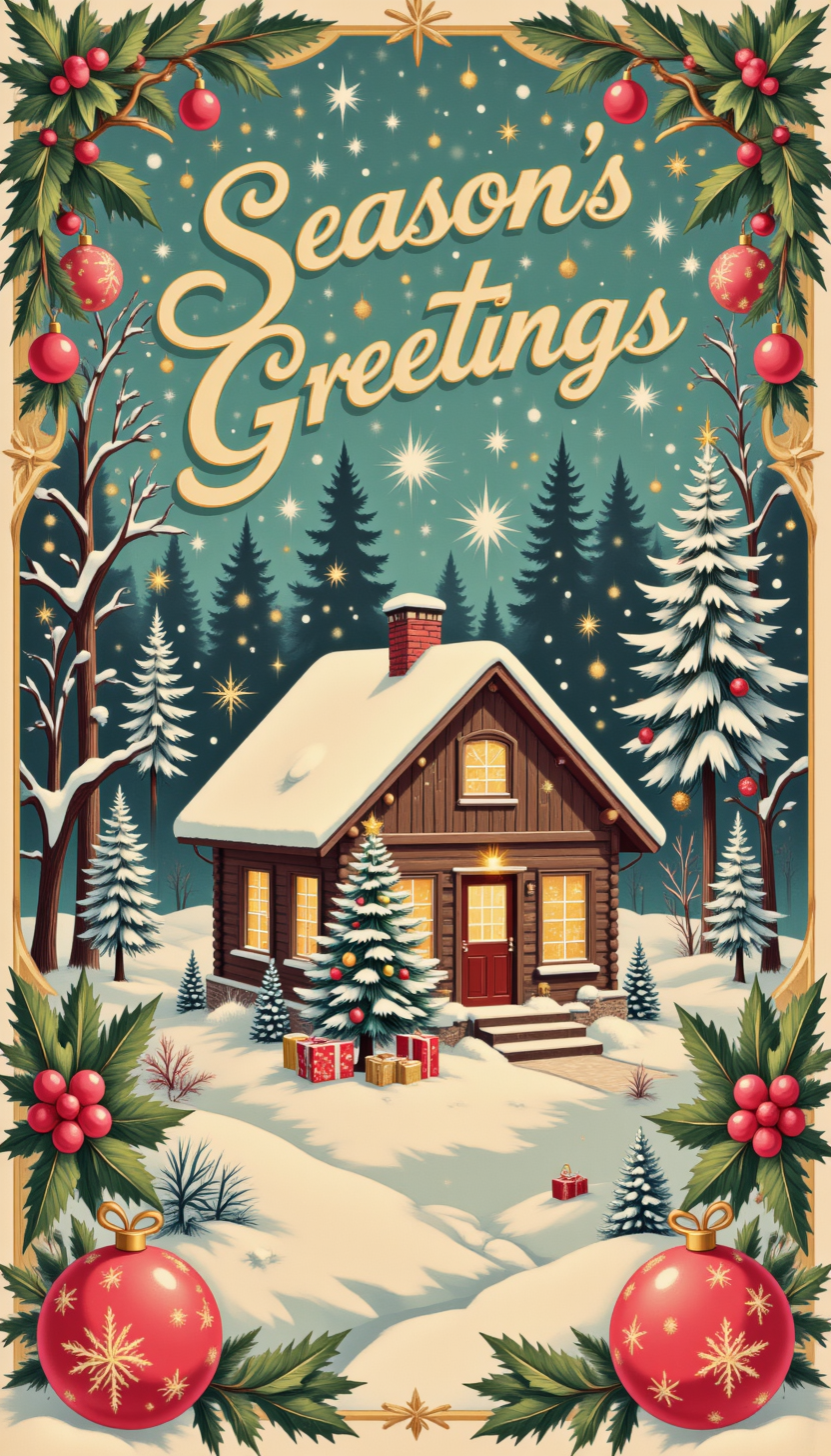 <lora:PinkieClassicChristmasFLUX:1>, pinkclassicchristmas, A retro vintage illustration of a Christmas Eve scene featuring a cozy, snow-covered cabin in the woods, with a brightly glowing window revealing a decorated tree inside. The illustration is framed by ornate holly leaves, red berries, and golden snowflakes, with a painterly style that blends muted greens, deep reds, and soft whites. The text 'Season's Greetings' in elegant, swirling gold script graces the top