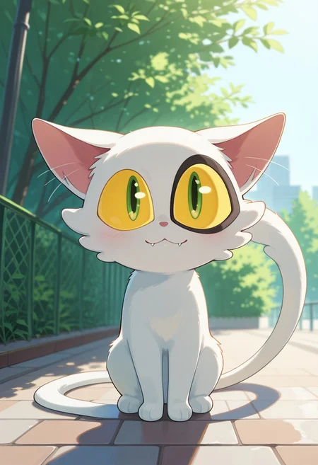 score_9, score_8_up, score_7_up, score_6_up, score_5_up, score_4_up,fangs, cat, Daijin, yellow sclera, green eyes, no humans, animal focus, :3, solo, looking at viewer, outdoors, colored sclera, green sclera, full body, tail, day, closed mouth, sitting