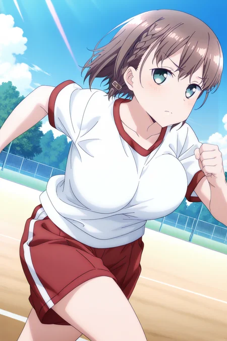 anime screenshot, 1girl, solo, ai-chan (tawawa), brown hair, short hair, braid, hair ornament, aqua eyes, large breasts, white shirt, gym shirt, short sleeves, gym shorts, red shorts, looking at viewer, running, outdoors, blue sky, masterpiece, best quality, high quality, highres, absurdres, <lora:ai-chan_tawawa-s1_ILXL:0.9>