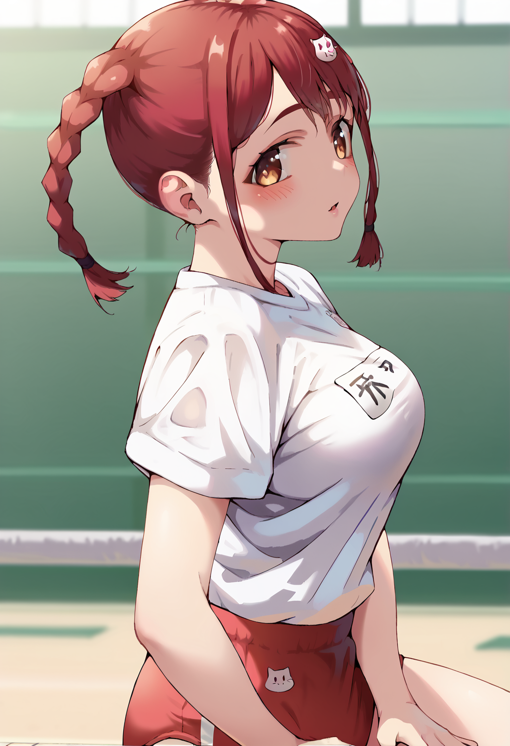 score_9, score_7_up, hd, (ultra hd quality details), source_anime, blurry background, blurry foreground,
solo, 1girl,
mamscho, red hair, twin braids, cat hair ornament, pink bow, brown eyes,
red buruma, gym uniform, medium breasts,
blush, looking at viewer,
sitting, from side, hand between legs,
<lora:_jonsun_style-elesico-pony-e12:1> <lora:tokonome_mamori-valkyrie drive-PonyXL:0.9>
