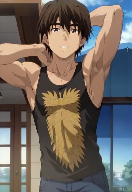 ((masterpiece)), ((best quality)), ((ultra-detailed)), score_9_up, score_8_up, score_7_up,
HD, top quality, best quality, High-quality illustrations, anime screencap, 1boy, 1male, solo male, male focus, anime boy, Daisuke Ichijou, smiling, grinning, dark brown hair, light brown eyes, bulky body, hunk body, muscular body, wearing black tank top, hand behind head pose, showing armpit, exposing armpit, tourist vacation, beautiful view, resort, vacation at a resort, profile shot, face shot, close up shot