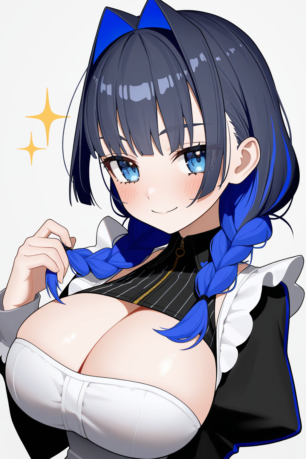 ouro kronii \(maid\), 1girl, black dress, blue eyes, blue hair, blush, braid, breasts, cleavage, closed mouth, dress, embroidered dress, empire waist, fanged bangs, grey background, hair intakes, hair over shoulder, hands up, holding, holding own hair, huge breasts, juliet sleeves, long hair, long sleeves, looking at viewer, low twintails, maid, messy hair, official alternate costume, official alternate hairstyle, puffy sleeves, simple background, smile, solo, sparkle, twin braids, twintails, upper body, victorian maid, virtual youtuber, masterpiece, best quality, absurdres, amazing quality