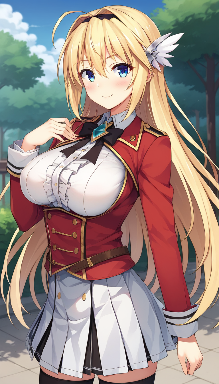 score_9,score_8_up,masterpiece,best quality,correct anatomy,anime_source,1girl,solo,alone,perfect eyes,perfect arms,perfect legs,perfect face,outdoors,upper body,(portrait:1.5),looking at viewer,facing viewer,smile,blush,Elcia Harvence,ahoge,very long hair,blonde hair,black hairband,butterfly hair ornament,hair between eyes,bangs,blue eyes,uniform,black bowtie,black ribbon,brooch,red jacket,white shirt,collared shirt,center frills,shirt breasts out,long sleeves,large breasts,underbust,jewelry,miniskirt,white skirt,pleated skirt,zettai ryouiki,black thighhighs,belt boots,knee boots,brown footwear,<lora:Elcia Harvence(kpk)-Pony:1.2>,